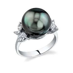  12mm Tahitian Pearl & Diamond Floral Ring: Jewelry