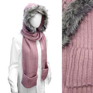 Fur Trim Hood Knit Scarf with Pocket Gray  