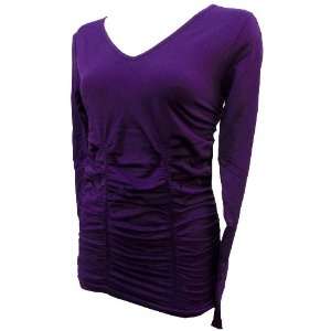   Paris Purple Ruched V neck Long Sleeved Top, Medium 