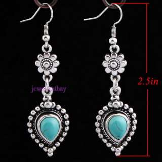 Howlite Turquoise Heart Beads VTG Tibet Silver Dangle Earrings