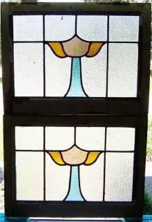 Pair of Antique Stained Glass Windows 3 Color Tulips  