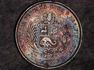 PERU PROVISIONAL GOVT. 1880BF 1 Peseta Silver VF, hole plugged