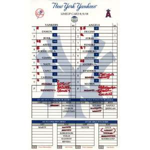 Yankees at Angels 8 08 2008 Game Used Lineup Card    Game Used 