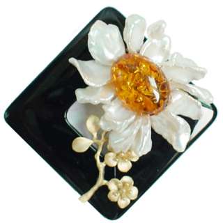 Beautiful Flower Onyx&White Pearl Brooches/ Handcrafted  
