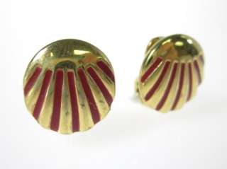 VINTAGE MONET Gold Tone Red Enamel Shell Clip Earrings  