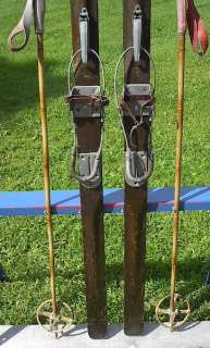 VINTAGE Wooden Skis 76 Long + OLD Bamboo Poles ANTIQUE  