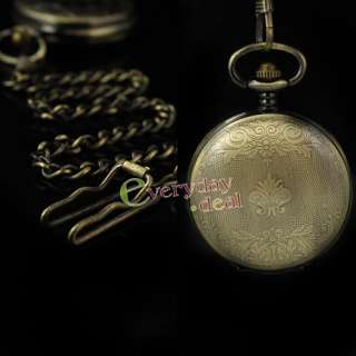 Copper Pattern Cover Mechanical Pocket Watch Mens Skeleton Chain RED 