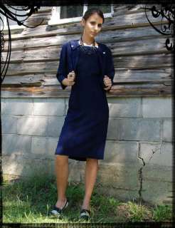 Vintage 40s Navy Knee Length Jacket Sheer Stripe Dress  
