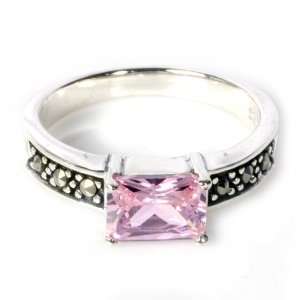  Sterling Silver Marcasite Ring with Pink CZ   Size: 5 9 