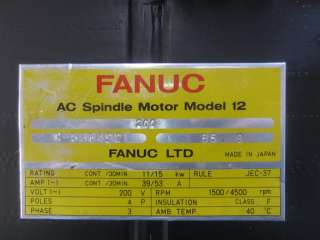 FANUC AC SPINDLE MOTOR 12 C 536492 C536492 MORI SEIKI SL 3H CNC LATHE 