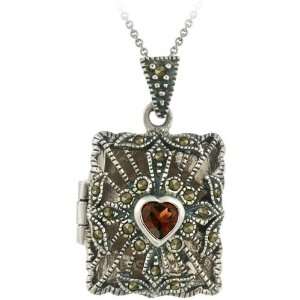   Silver Garnet and Marcasite Rectangular Locket Necklace: Jewelry
