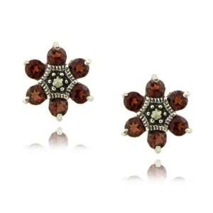   : Sterling Silver Simulated Garnet Flower Marcasite Earrings: Jewelry