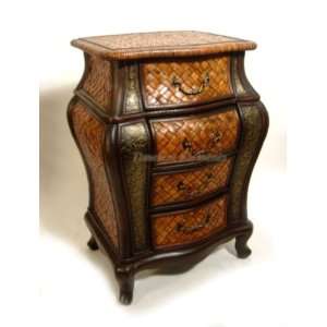 Wood Rattan Brass Columns Dresser Chest Stand Table:  