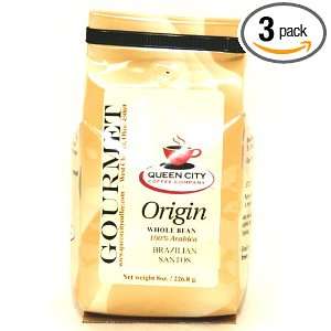 Queen City Brazilian Santos Whole Bean Coffee, 8 Ounce Bags (Pack of 3 