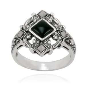   Sterling Silver Marcasite and Diamond Shape Onyx Ring, Size 7: Jewelry