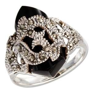    Sterling Silver Faceted Onyx and Marcasite Ring (size 08) Jewelry
