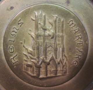 WWI TRENCH ART BRASS ASHTRAY~REIMS FRANCE~MARTYR~BURNING CATHEDRAL 