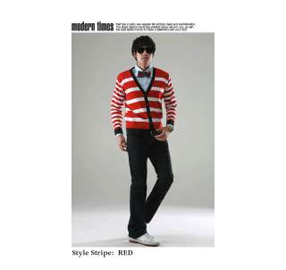 NWT Mens V Neck Striped Cardigan Knit Sweater Style Stripe Red Size 