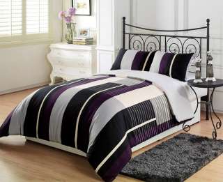 2pcs New York City Purple Black Grey Stripe (Reversible) Comforter Set 
