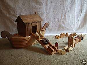 Noahs Ark, Amish Handmade Wooden Toy Animals and Boat  