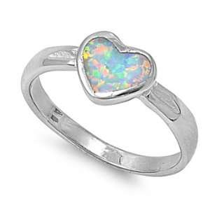  Sterling Silver 8mm Heart White Lab Opal Ring (Size 6   9 