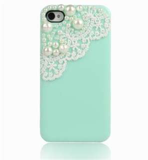 New Green Bling Pearl Cute Lace Deco Sweet Case Cover for iPhone 4 4G 