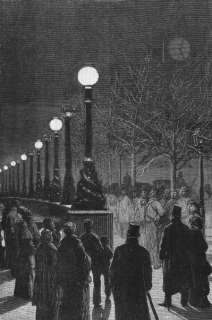 LONDON Electric light, Thames embankment, old print, 1879  