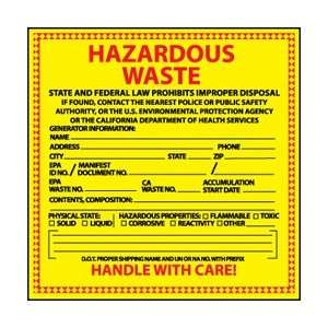 HW16  Labels, Hazardous Waste California, 6 X 6, Pressure Sensitive 