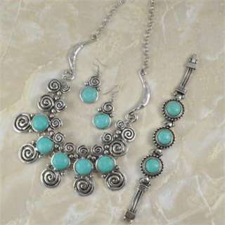 Vintage Tibetan Silve Turquoise Necklace Bracelet Earring Snail 