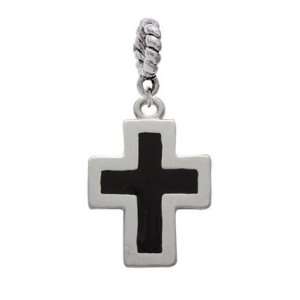   Cross with Brushed Finish Silver European Charm Dangle Bead Jewelry