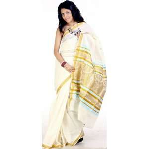  Sari from Kerala with Woven Little Krishna on Anchal   Pure Cotton