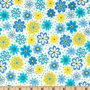  45 Wide Froggies Flowers White/Blue Fabric By The Yard 