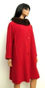 Vintage 50s 60s Long Red Cashmere Winter Coat L XL Brown Real Mink Fur 