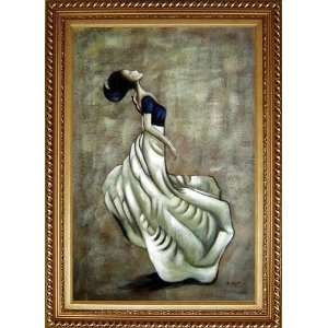 Girl with Blue and White Skirt in Wind Oil Painting, with Exquisite 