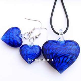 Dark Blue Heart Lampwork Glass Necklace Earrings Set  