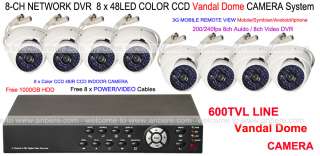   8pcs 600TVL LINE Vandal DOME CCTV Camera System Mobile Access  