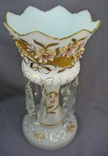 Vintage Satin Glass Luster Lamp W Crystal Prisms Floral Lustre  