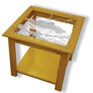 Etched Glass Bass Fish Art in Solid Oak Square End Table  