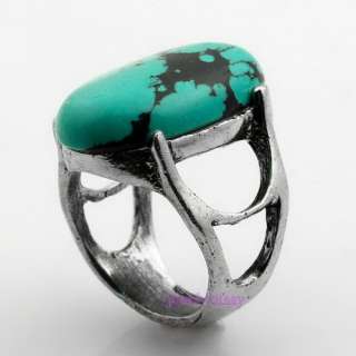 Green Oval Turquoise Gemstone Tibet Silver Ring Sz 7  