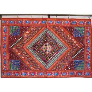   MIRROR BEADED TAPESTRY INDIAN SARI WALL HANGING: Home & Kitchen