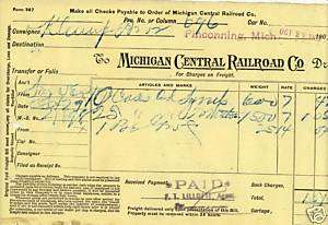 1906 MICHIGAN CENTRAL RAILROAD CO. BILL DOCUMENTS  
