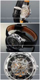 Men Classic Mechanical Skeleton Transparent Dial Leather Band Silver 
