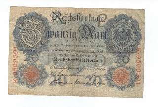 BANK NOTE REICHSBANKNOTE BERLIN FEB 19, 1914 20 MARK  