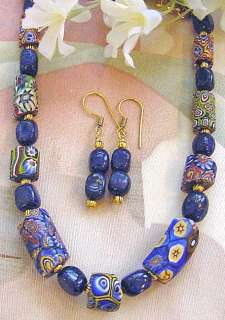 ANTIQUE GLASS MILLEFIORE TRADE BEAD, LAPIS necklace, earrings 20 1/2 