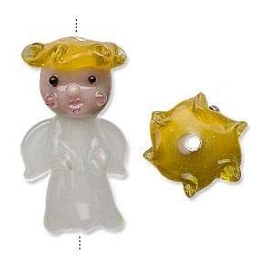 1116 Bead, lampworked glass, white with yellow hair, 30x18mm angel 