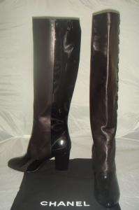 AUTHENTIC NIB CHANEL BLACK LEATHER PATENT KNEE BUTTONS BOOTS 40  