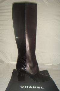 AUTHENTIC NIB CHANEL BLACK LEATHER PATENT KNEE BUTTONS BOOTS 40  