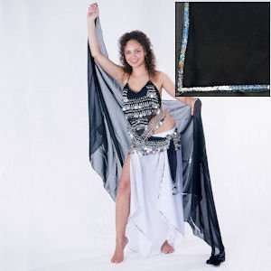  Belly Dance Chiffon Veil with Silver Sequin Trim   BLACK 