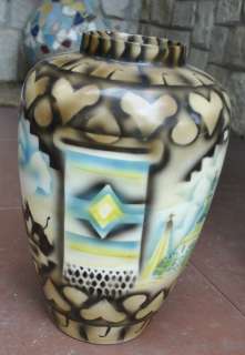 Huge 1930 40s Mexican Tlaquepaque Pottery Airbrushed Vase   RARE 