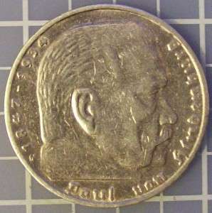 1936e German 14g silver 5 mark Third Reich .900 coin ! paul von 